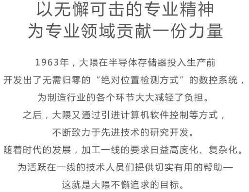 以无懈可击的专业精神为专业领域贡献一份力量 1963年，大隈在半导体存储器投入生产前开发出了无需归零的“绝对位置检测方式”的数控系统，为制造行业的各个环节大大减轻了负担。之后，大隈又通过引进计算机软件控制等方式，不断致力于先进技术的研究开发。随着时代的发展，加工一线的要求日益高度化、复杂化。为活跃在一线的技术人员们提供切实有用的帮助—这就是大隈不懈追求的目标。