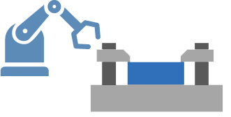 Machined parts secured with robot and hydraulic jig.