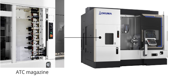 A multitasking machine is a machine tool equipped with an auto tool changer (ATC), and is capable of machining processes such as turning and milling.