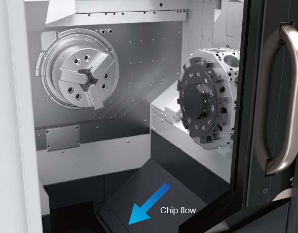 High machining capacity and smooth chip discharge that improve the throughput of mass-produced parts machining