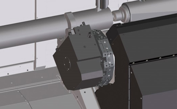 Stable machining with the steady rest attached to the lower turret