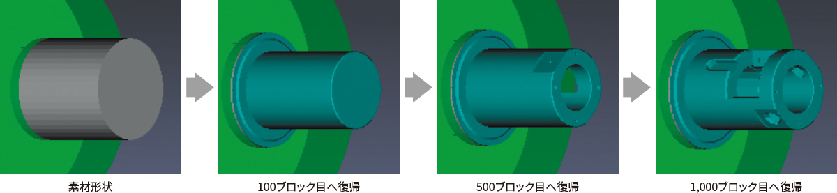 リスタート復帰運転による素材モデル削り取り【旋盤】